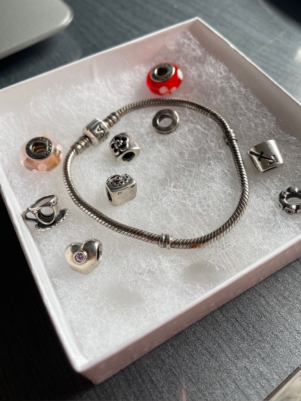 7.1 inch, Sterling Silver, 925 Pandora Moments Bracelet with 10 retired charms